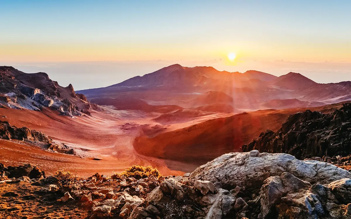 The bare upper slopes and crater rim of Haleakala National Park on Maui