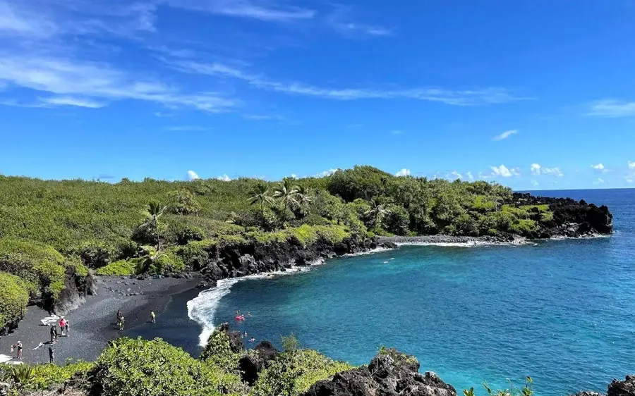 A rocky black shoreline with turquoise water and trees on the bank above